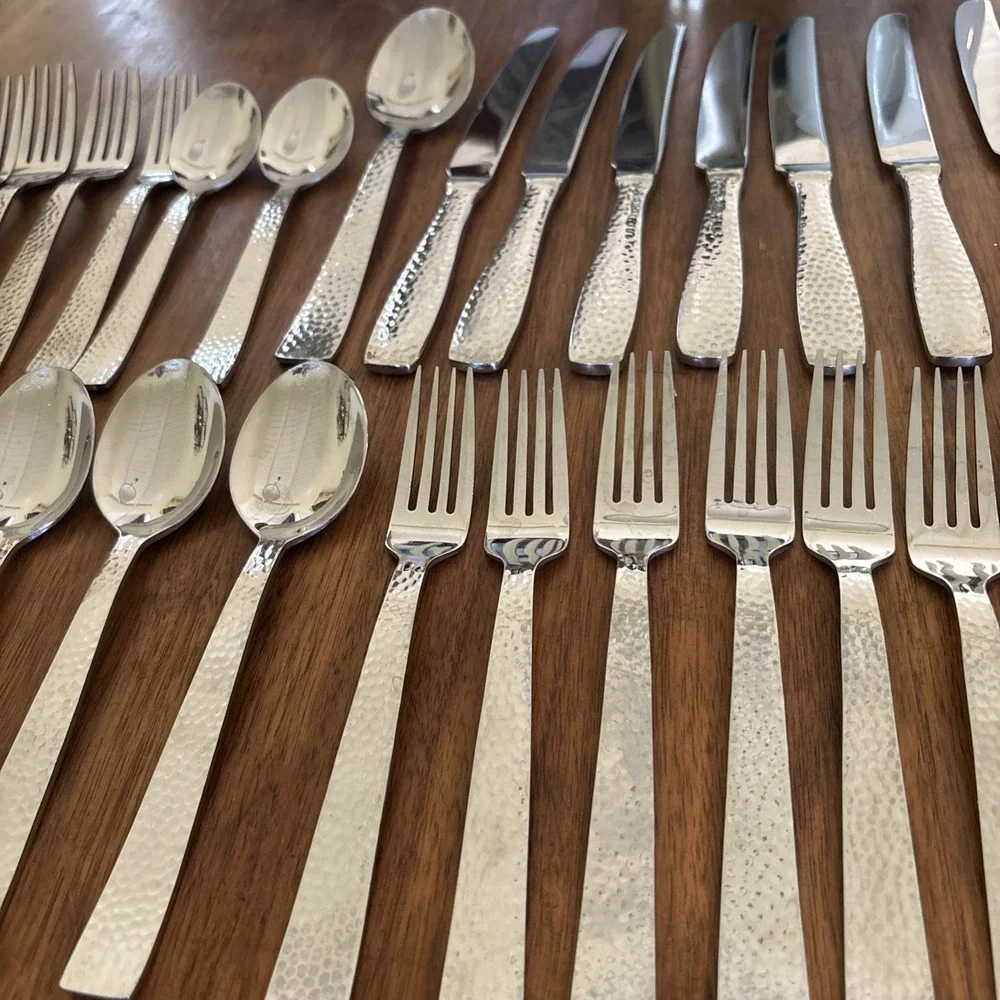 Godinger Castello Hammered Stainless Flatware Knives Forks Spoons - Lot Of 45